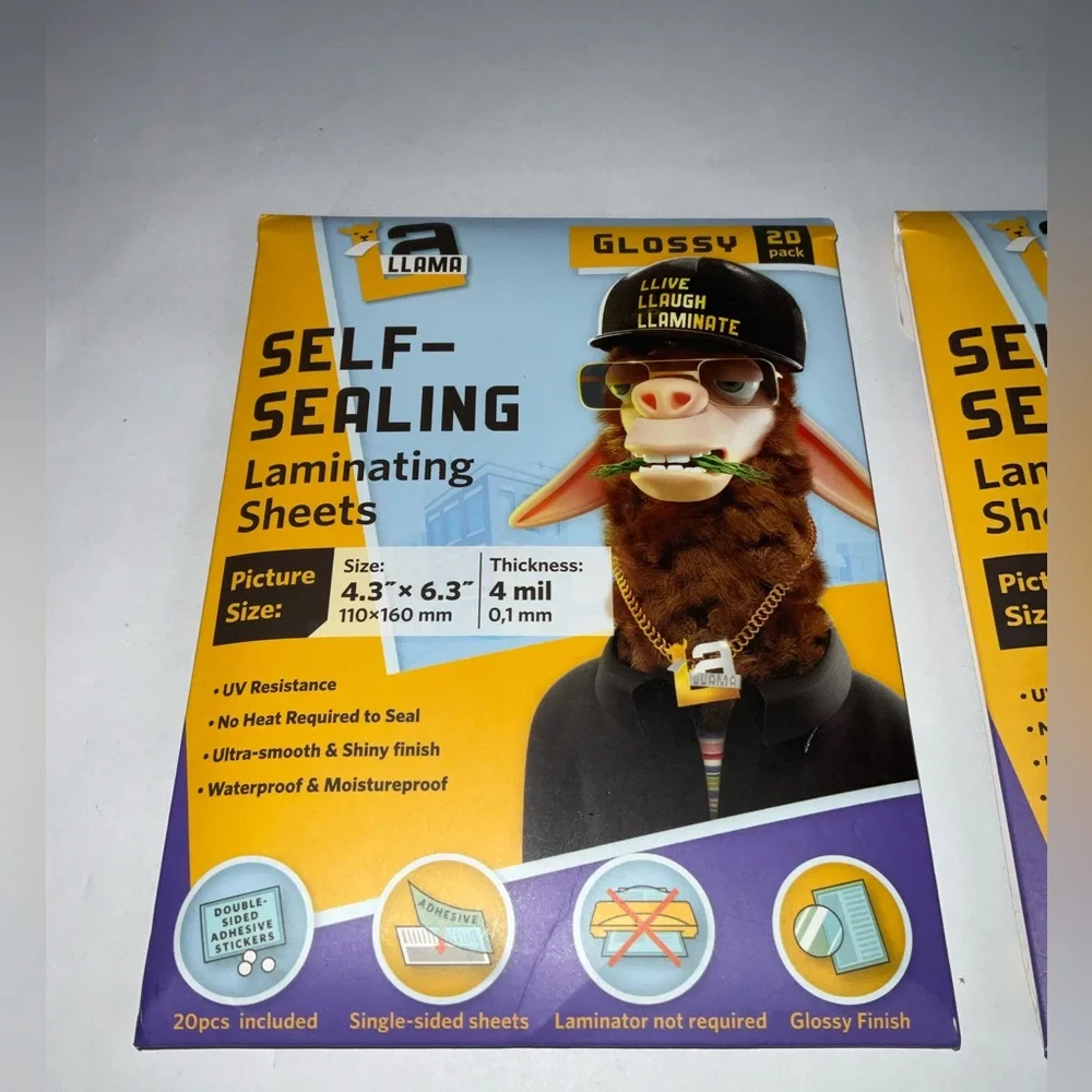 (2) Self Sealing Lamination Sheets 4.3”x 6.3” 4 Mil Thick Clear Glossy 20 Pack